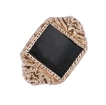 A black onyx signet ring, in 9ct gold, marks obscured, 7.4g, size T Good condition
