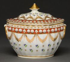 A Pinxton fluted oval sucrier and cover, c. 1805, pattern 314, 14.5cm h The interior with a