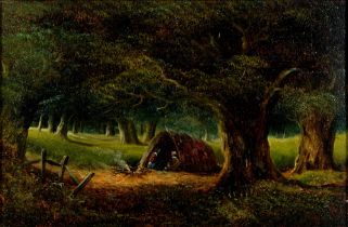 British School, 19th c - Gypsies Encamped in a Wood, bears monogram, oil on canvas, 19 x 29cm