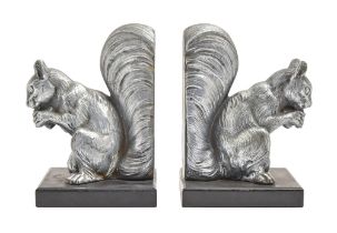 A pair of Art Deco spelter squirrel bookends, c1930, on slate base, 16.5cm h Small chip on one