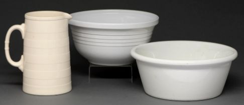 A Copeland white earthenware hoop jug, a similar Royal Doulton basin and a white glazed stoneware