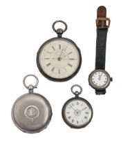 A Swiss hunting cased silver lever watch, c1900, engine turned, 50mm diam and two other contemporary