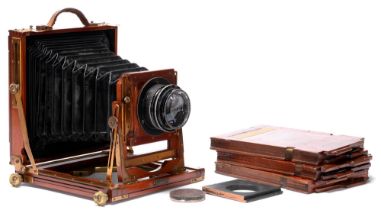 A National mahogany and brass field camera, c1900, half plate, with Ross (Zeiss Patent) F4.5 lens