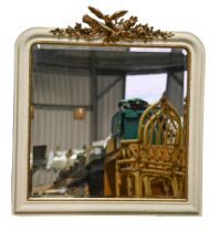 A painted and giltwood over mantel mirror, 20th c, crested by trophy of love, 113 x 106cm Good