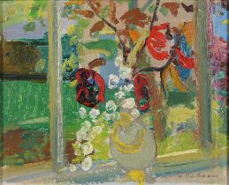 Werner Hartmann (1903-1981) - Flowers in a Window, signed, oil on board, 21.5 x 26cm Good condition