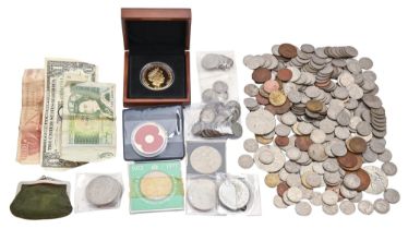 Miscellaneous coins and banknotes, 20th c, including a 2012 gold-plated £5 George & the Dragon coin,