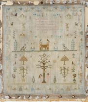 A George III linen Adam and Eve sampler, Sarah Bachelor is my name... aged 12 year, 1819, 33 x