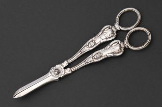 A pair of Victorian silver grape shears, King's pattern, by John Round & Son Ltd, Sheffield 1878,