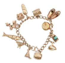 A 9ct gold charm bracelet, with twelve 9ct gold charms, 19.5cm l, 56.2g Good condition