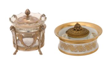 A French silver gilt inkwell, cover and glass liner, 20th c, in Empire style, 10cm h, maker's and
