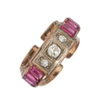 A mid-century diamond and synthetic ruby cocktail ring, c1950, with old cut diamonds, in gold,