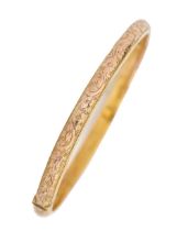 A Victorian 9ct gold bangle, 56mm (internal), Birmingham 1893, 6.8g Good condition, straight not