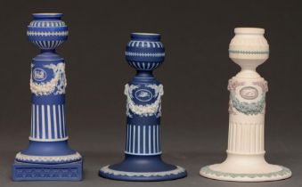 A Wedgwood blue jasper Corinthian candlestick, 19th c, 15.5cm h, impressed WEDGWOOD, another two,
