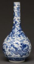 A Chinese blue and white vase, 20th c, of bottle shape, painted with dragons, 33cm h Good condition