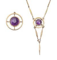 An amethyst necklet, c1910, in gold, 44cm l, 4.7g Drop detached where previously repaired with