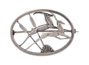 Geoffrey Bellamy. A silver openwork brooch, 44mm l, designer's facsimile signature and No 140,