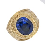 A blue stone signet ring, in gold indistinctly marked 750, 16g, size P Slight wear