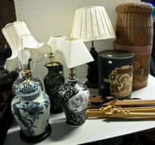 Miscellaneous items, including two folding artist's easels, various Chinese and other table lamps,