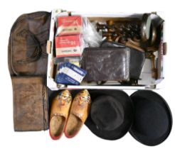 Miscellaneous bygones, early 20th c and later, including a pair of clogs, treen, vintage luggage,