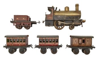 A Bing live steam O Gauge 0-4-0 locomotive tender, two coaches and guards, early 20th c, with