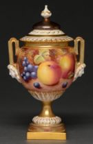 A Royal Worcester vase and cover, c1970, painted by M Morris, signed, with continuous fruit, 21cm h,