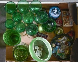 Miscellaneous coloured and other decorative glassware, including Mary Gregory style trinket boxes