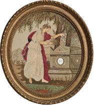 A George III silk, wool, felt, collage, embroidered and watercolour picture of a young woman,