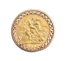 Gold coin. Half sovereign 1906, mounted in a 9ct gold signet ring, 11.4g, size P Slight wear