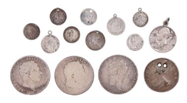 Silver Coins. Three George III crowns, heavily worn, 1708 Queen Anne half-crown, clipped, six pre-