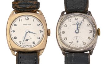Two similar Garrard 9ct gold and silver cushion shaped gentleman’s wristwatches, 29 x 29mm, both