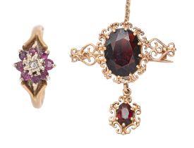 A gem set 9ct gold ring and garnet brooch, in gold, unmarked, 6.8g, ring size M Ring worn, brooch in