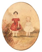 English Naive Artist, 19th c - Two Children with a Basket of Flowers or Hoop, watercolour, oval,