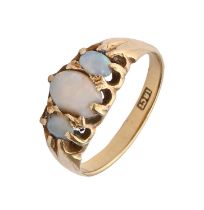 An opal ring, c1900, in gold marked 18ct, 3.5g, size J Larger opal chipped, all scratched