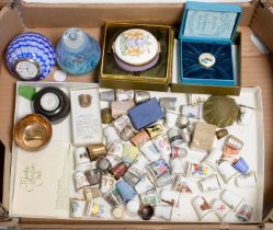 Two enamel boxes and miscellaneous other small ornamental and cabinet objects, including thimbles,