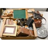 Miscellaneous items, including a student's microscope in oak case, artist's easel, bagatelle, pewter