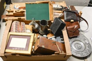 Miscellaneous items, including a student's microscope in oak case, artist's easel, bagatelle, pewter