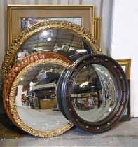 Miscellaneous pictures, prints and mirrors, including an oak framed convex mirror, 52cm diam