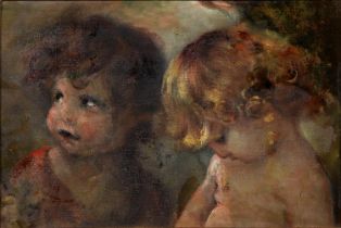 English School, 20th c - Study of Two Children, oil on canvas, 28 x 42cm Unexamined out of frame,