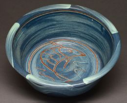 Studio ceramics. Penny Simpson (1949 - ) - Fish Basin, blue glazed earthenware with sgraffito,
