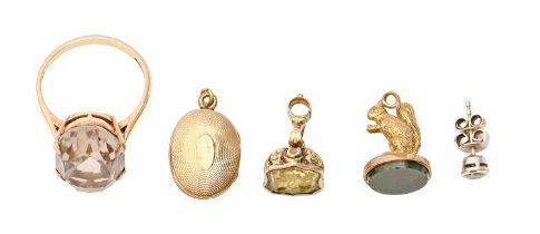 Two gold fob seals, one in the form of a squirrel, bloodstone or citrine intaglio, 18mm h, a diamond