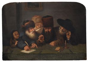 Eastern European School, 19th c - Jewish Money Lenders, oil on canvas, 35 x 94cm Patched repair. The
