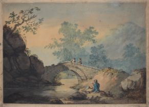 Attributed to Nicholas Pocock (1740-1821) - Mountainous Landscape with Figures, watercolour, with