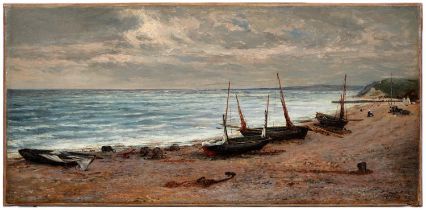 Albert Hodder (1835-1895) - Crab Boats, Seaton, Dorset, signed and dated 1878, the stretcher further