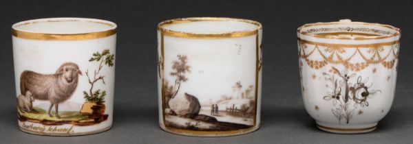 A Paris porcelain coffee can, c. 1800, painted en grisaille with figures in a landscape, gilt