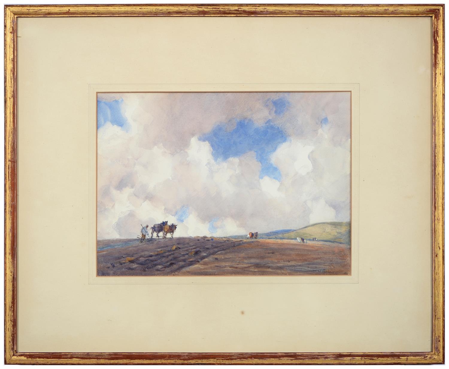 Joseph H. Vignoles Fisher (1864-1945) - Ploughing on the South Downs, signed, titled to verso, - Bild 2 aus 3