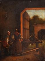 Dutch School, 19th c - Women Weaving at a Loom, oil on canvas, 31 x 23cm Lined, two repairs and with