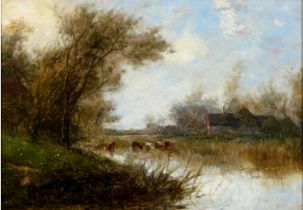 Joseph Thors (1835-1920) - Cattle Watering in a Landscape, signed, oil on canvas, 24.5 x 34.5cm Good