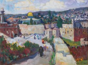 Israeli Impressionist School - The Old City of Jerusalem, signed in Modern Hebrew, oil on canvas, 29