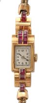 An Odeon style synthetic ruby and 18ct gold cocktail watch, c1950, 14 x 21mm, on 9ct gold twin