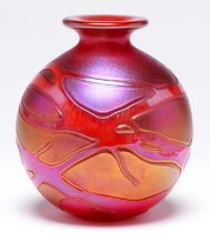 A Maltese red iridescent globular glass vase, 1988, 14cm h, engraved Venetian Malta 1988 Good